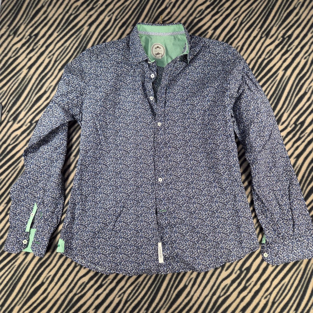 Ganesh Mens XL Navy Blue Micro Floral Ditsy Print Shirt Mint Contrast Italian